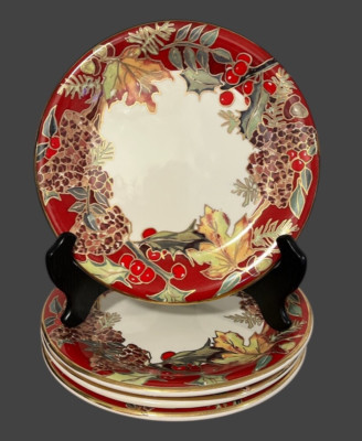 4- Dinner Plates Varm Ceramica F Giorgi Crimson Wreath Red Gold Rim 11.75 in | eBay US