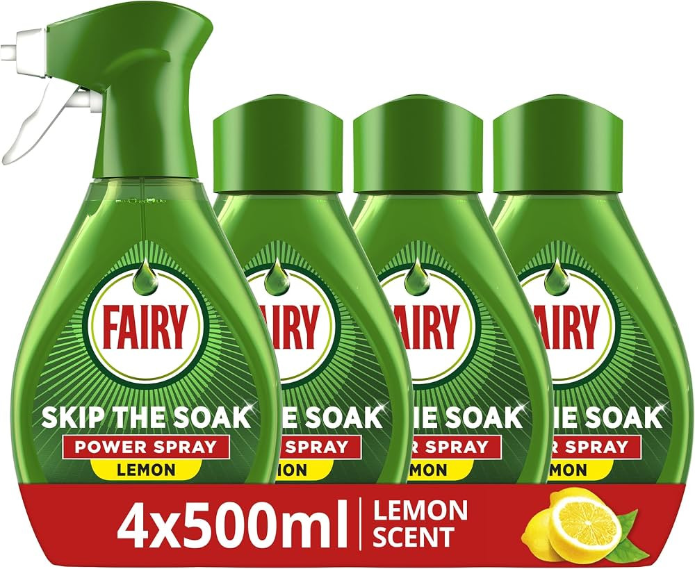 Fairy Skip the Soak Dish Spray Kit Lemon, Trigger + 4x500ml Refill. 100% Grease Removal for Dishe... | Amazon (UK)