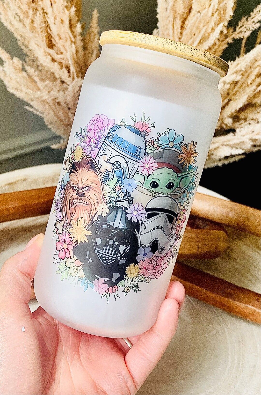 Colorful Star Wars floral frosted Glass cup bamboo lid and wide straw-16oz  glass can cup-Iced co... | Etsy (US)