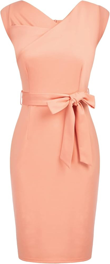 GRACE KARIN Women's Work Pencil Dress Vintage Sleeveless Asymmetrical Neck Belted Bodycon Dress | Amazon (US)