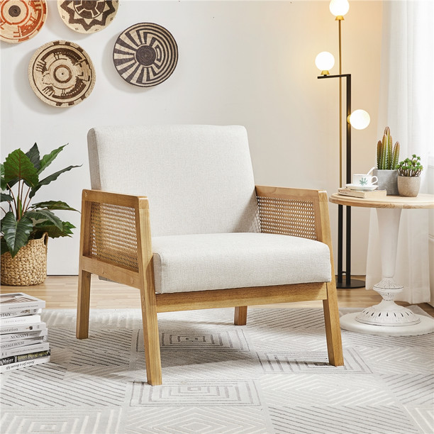Easyfashion Fabric Upholstered Accent Chair with Rattan Sides for Living Rooms,Beige | Walmart (US)