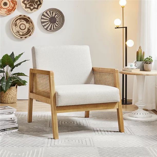 Easyfashion Fabric Upholstered Accent Chair with Rattan Sides for Living Rooms,Beige | Walmart (US)