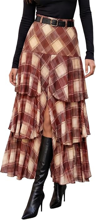 Wenrine Womens Mesh Maxi Skirt Polka Dot Front Split Tiered Plaid Skirts | Amazon (US)