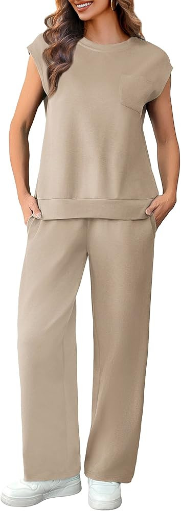 PINSPARK 2 Piece Sets for Women Summer Lounge Set Cap Sleeves Sweatsuit Cropped Wide Leg Pants 20... | Amazon (US)