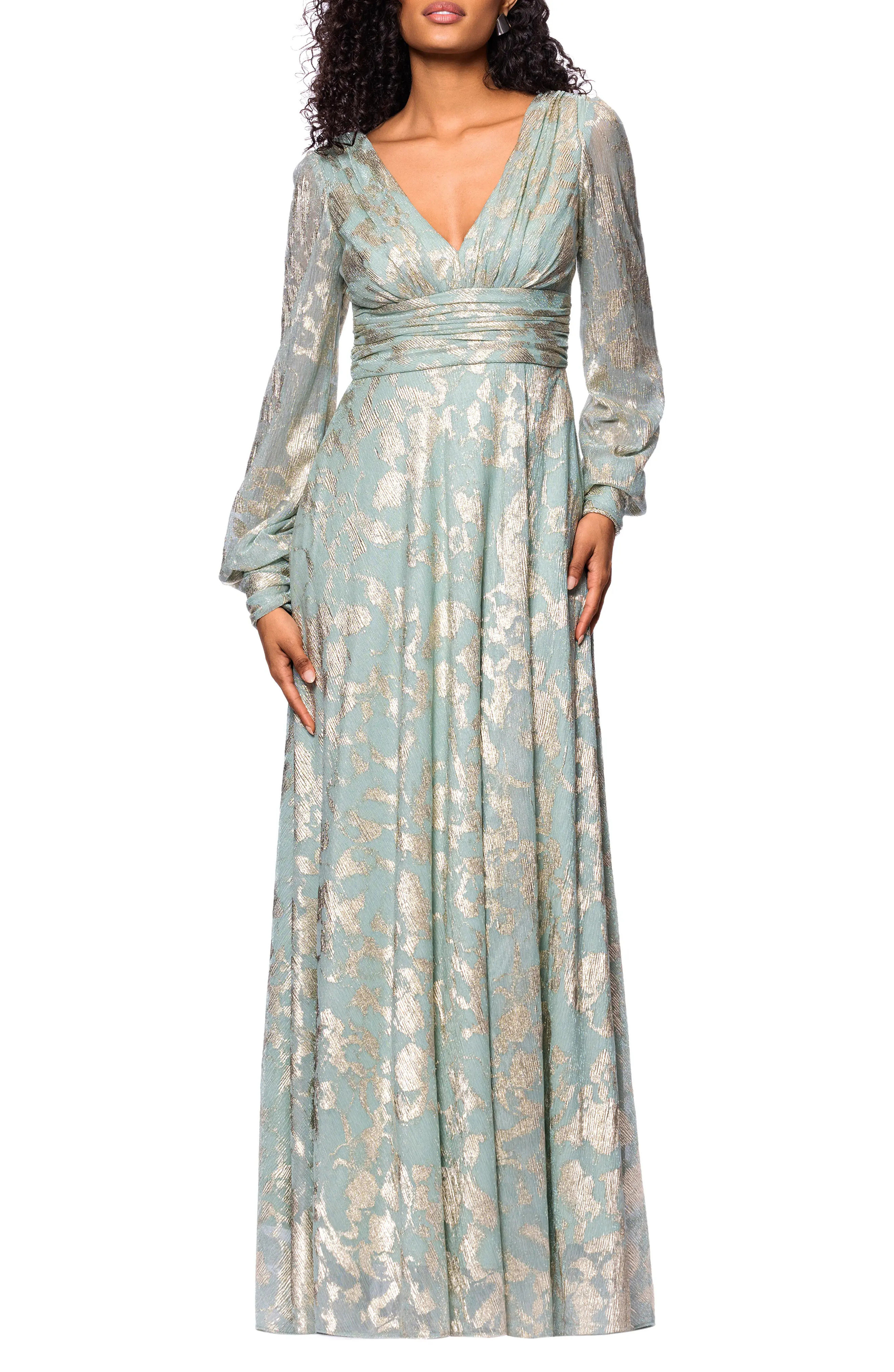 Betsy & Adam Foil Pattern Long Sleeve Gown in Sage/Gold at Nordstrom, Size 14 | Nordstrom