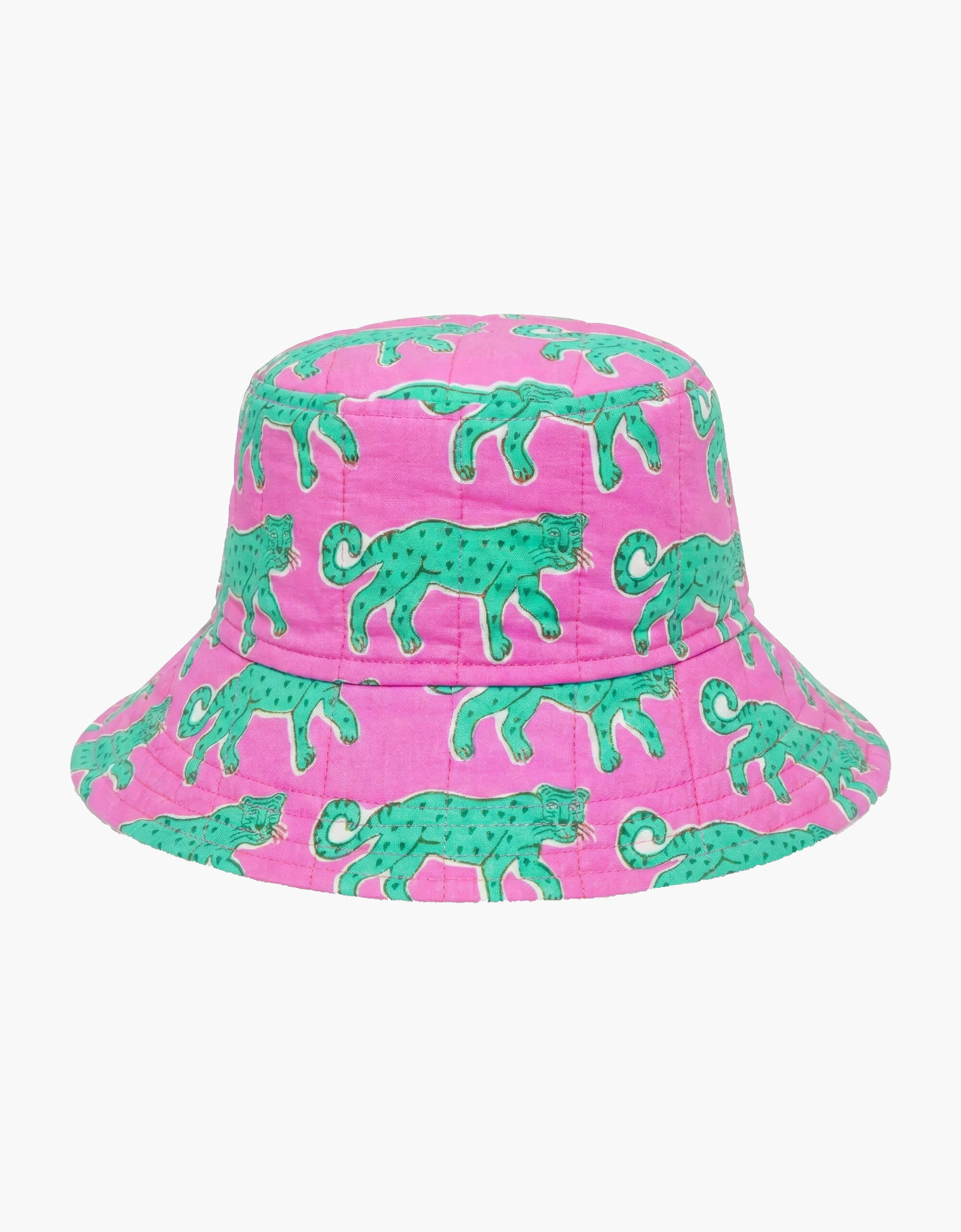 Bucket Hat | Pink & Green Leopard Padded Hat | Screen Print Cotton | Pink City Prints UK