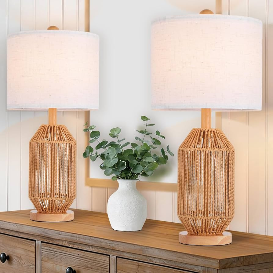 COTULIN 21" Boho Rattan Table Lamps Set of 2, Farmhouse Bedside Nightstand Lamps for Living Room,... | Amazon (US)