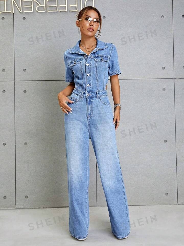 SHEIN Essnce Flap Detail Cutout Waist Denim Jumpsuit | SHEIN