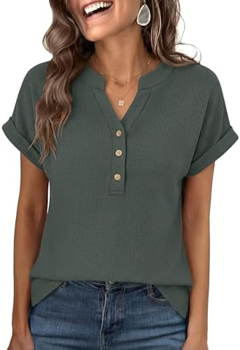 ANRABESS Women Short Sleeve Waffle Knit Henley Shirts Casual Loose Summer Top High Low Slit T-Shi... | Amazon (US)