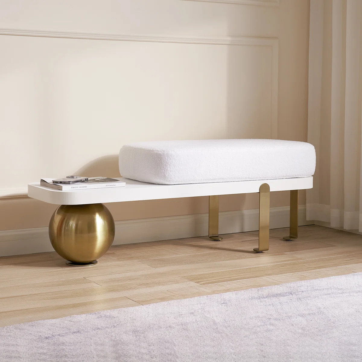 Entryway Bench,Modern Wooden Boucle Upholstered Bench with Abstract Metal Leg and Comfortable Lam... | Wayfair North America