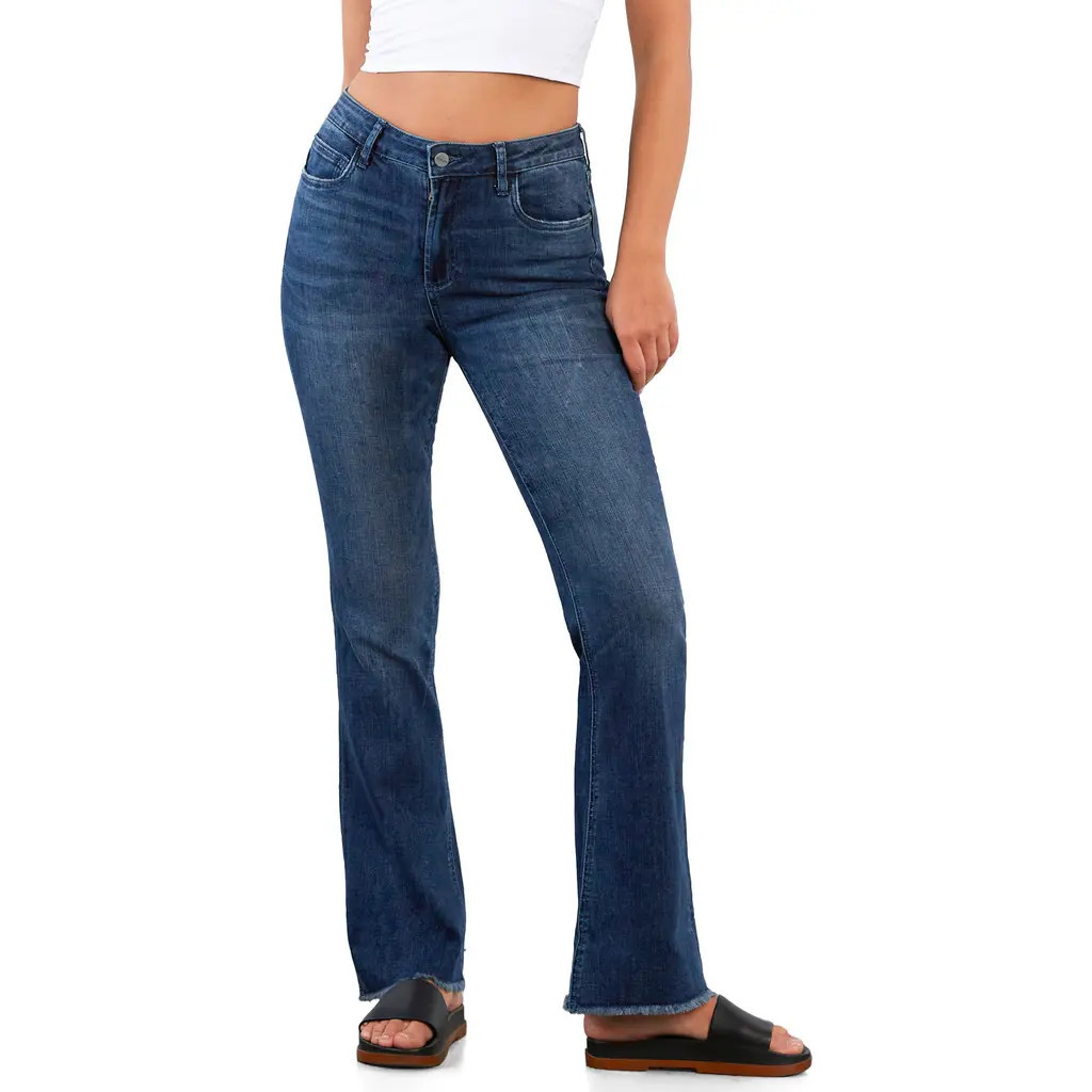 HINT OF BLU Fun Frayed Mid Rise Slim Flare Jeans in Endless Blue at Nordstrom, Size 29 | Nordstrom
