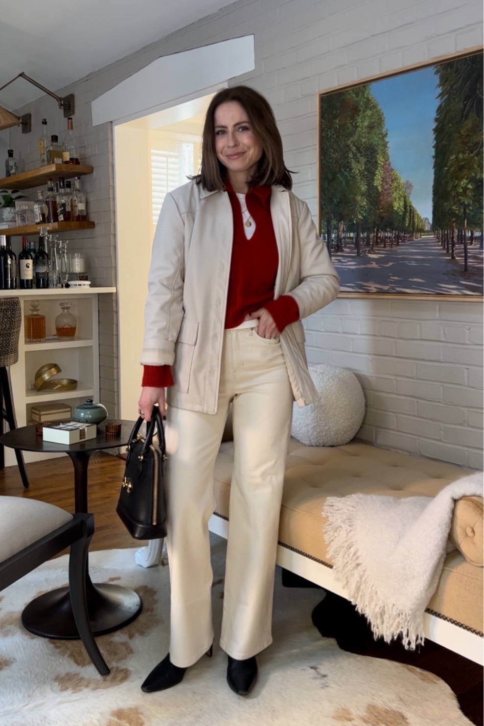 How to style ecru jeans:
AYR jeans
Gap white long sleeve shirt base layer 
V neck polo sweater (linked similar)
Faux leather shacket (linked similar)
Black ankle boots (linked similar)

Winter outfit 

#LTKSeasonal