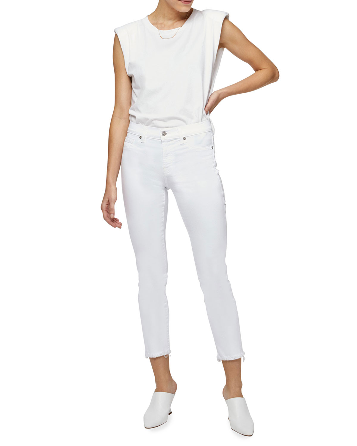 Roxanne Raw-Edge Ankle Skinny Jeans, White | Neiman Marcus