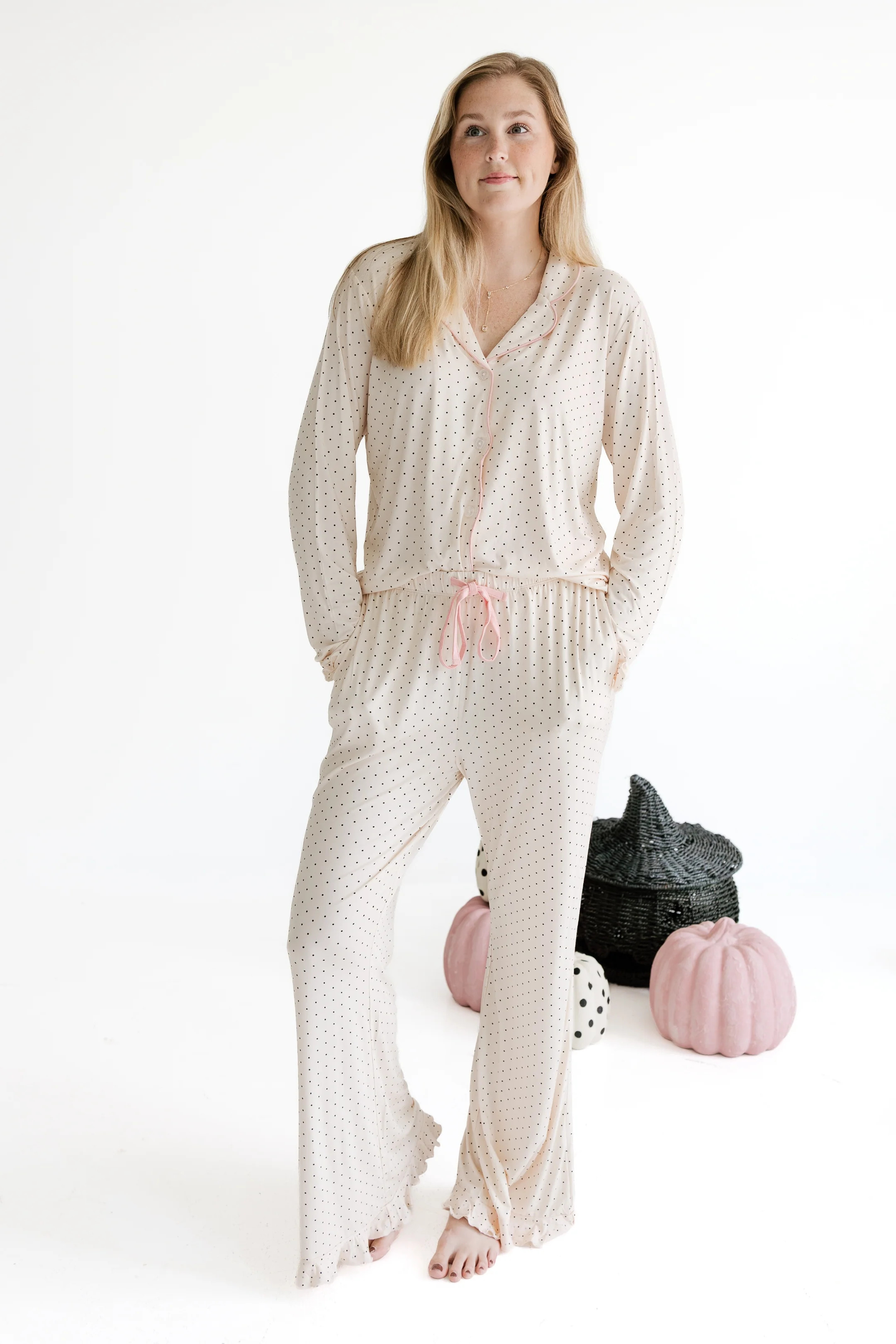Cream and Black Polka Dot Women's Long Sleeve Ruffle Set | Matching Family Pajamas | In My Jammer... | In My Jammers
