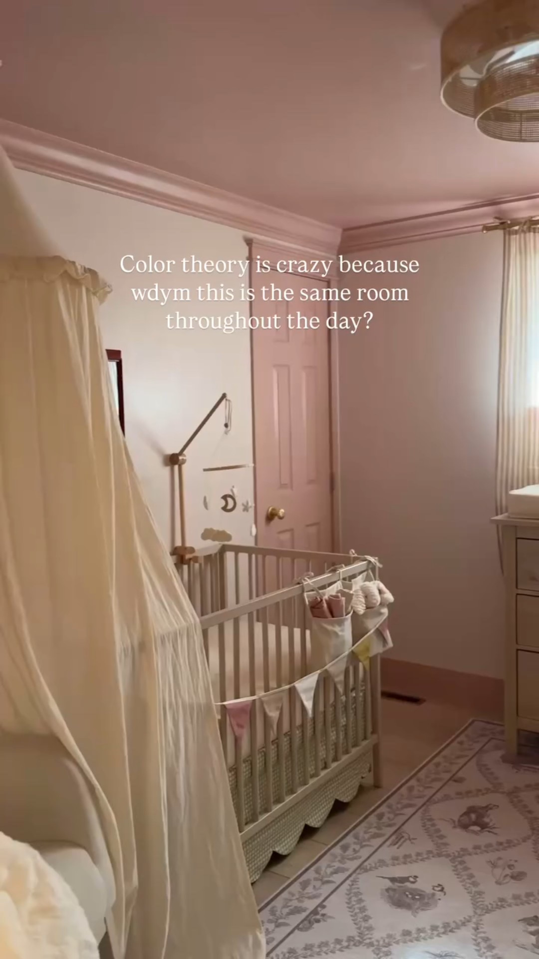 Color theory should be illegal. Here’s proof of why you should always get paint samples- without them, it’s impossible to choose a color that looks good in every light! I think this one does that, although it can look completely different during the day.

🤍Walls- Cameo Stone by Behr
🩷Ceiling- Castilian Pink by Behr