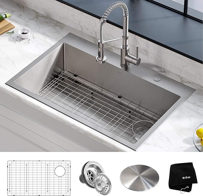 KRAUS 33 x 22 inch Drop-In Top Mount Standart PRO Single Bowl 2-Hole Stainless Steel Kitchen Sink... | Amazon (US)