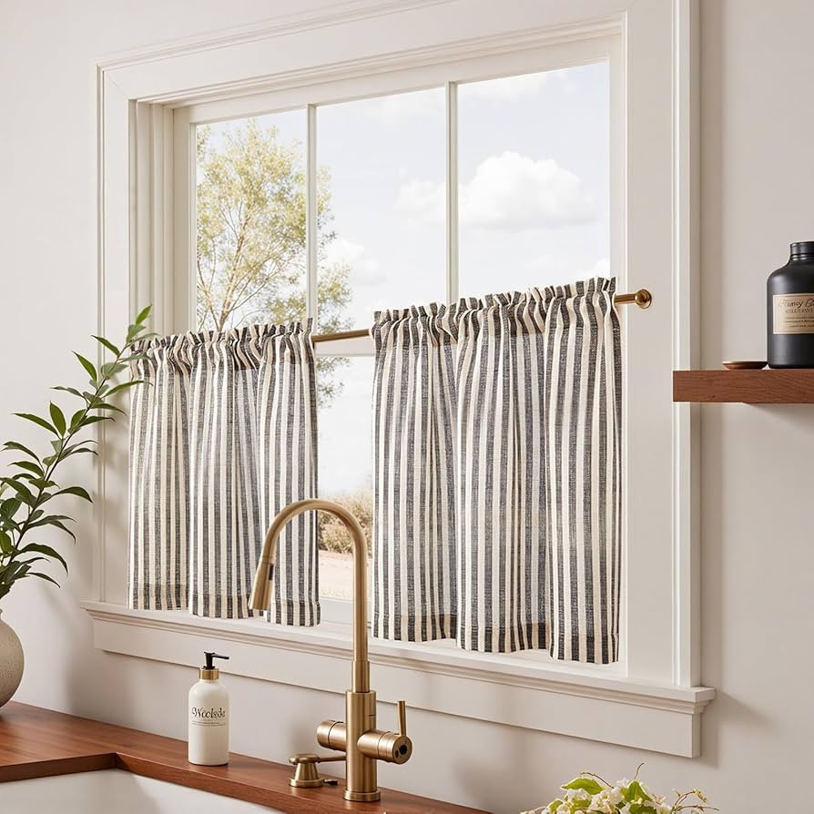 jinchan Striped Linen Kitchen Curtains 24 Inches Length Tier Curtains Farmhouse Modern Cafe Small... | Amazon (US)