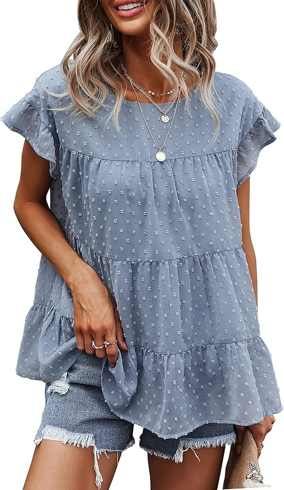 KIRUNDO Summer Women’s Tunic Tops Ruffle Neck Cap Sleeves Shirts Floral Print Loose Babydoll Ta... | Amazon (US)