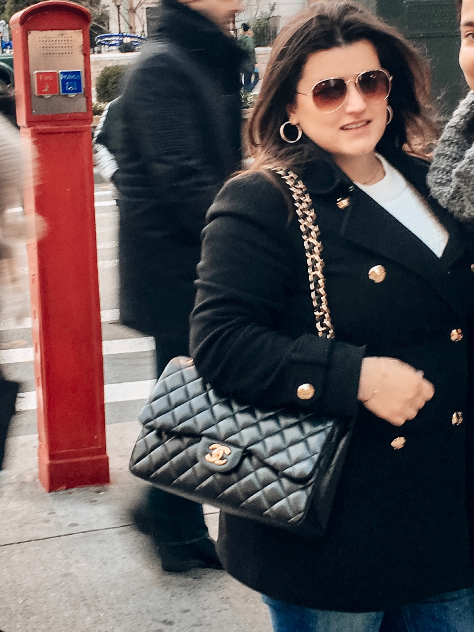 A NYC NEW YORK minute. This street style casual chic old money meets new money is my absolute go to style. It’s classy, chic, edgy, and sexy. In this picture I have my hair blown out, aviator brown glasses, pea coat with gold buttons, Chanel quilted, and jeans, with gold hoop earrings. The coat is a medium in this picture. This outfit is great for fall and winter. You can wear it to school, as a teacher, to work, or on a date. I love versatile outfits. 

#LTKstyletip #LTKworkwear #LTKSale
