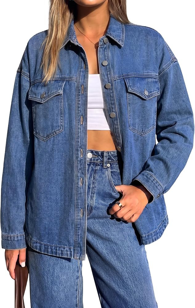 EMMIOL Button Down Long Sleeve Oversized Denim Jacket for Women Fall Outfit | Amazon (US)