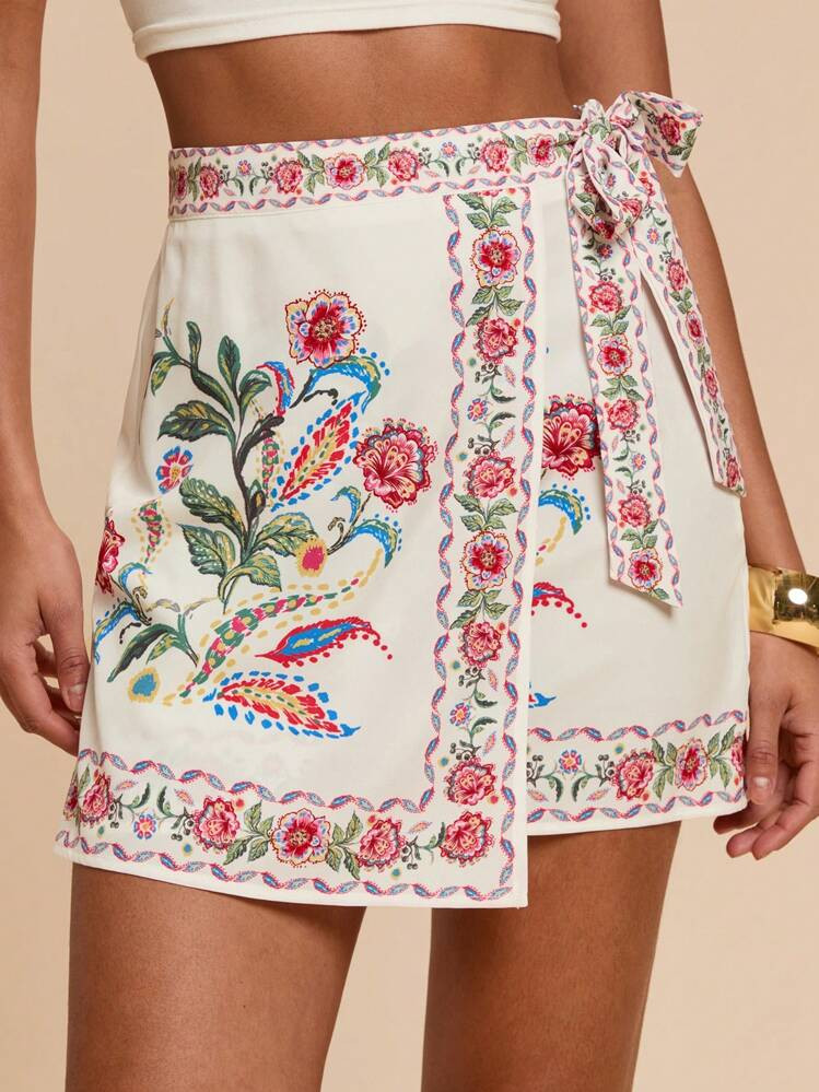 Travachic Women's Tropical Plant Printed Wrap Side Tie Skirt, Suitable For Outing & Holiday | SHEIN
