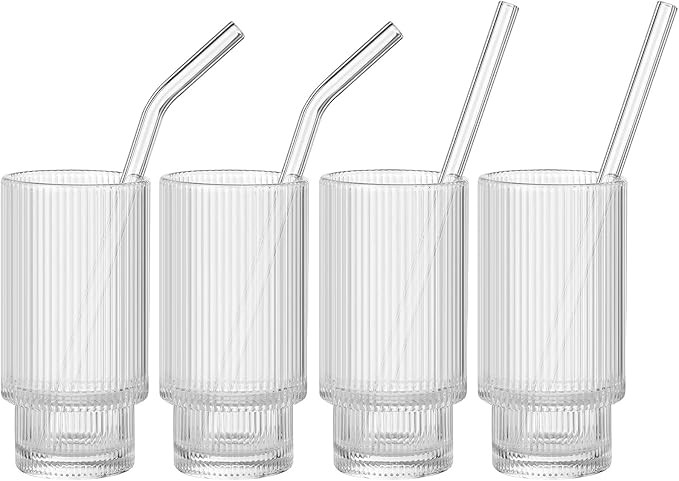 Amazon.com | ALINK Ribbed Glassware Drinking Glasses with Straws Set of 4, Vintage Ripple Glasswa... | Amazon (US)