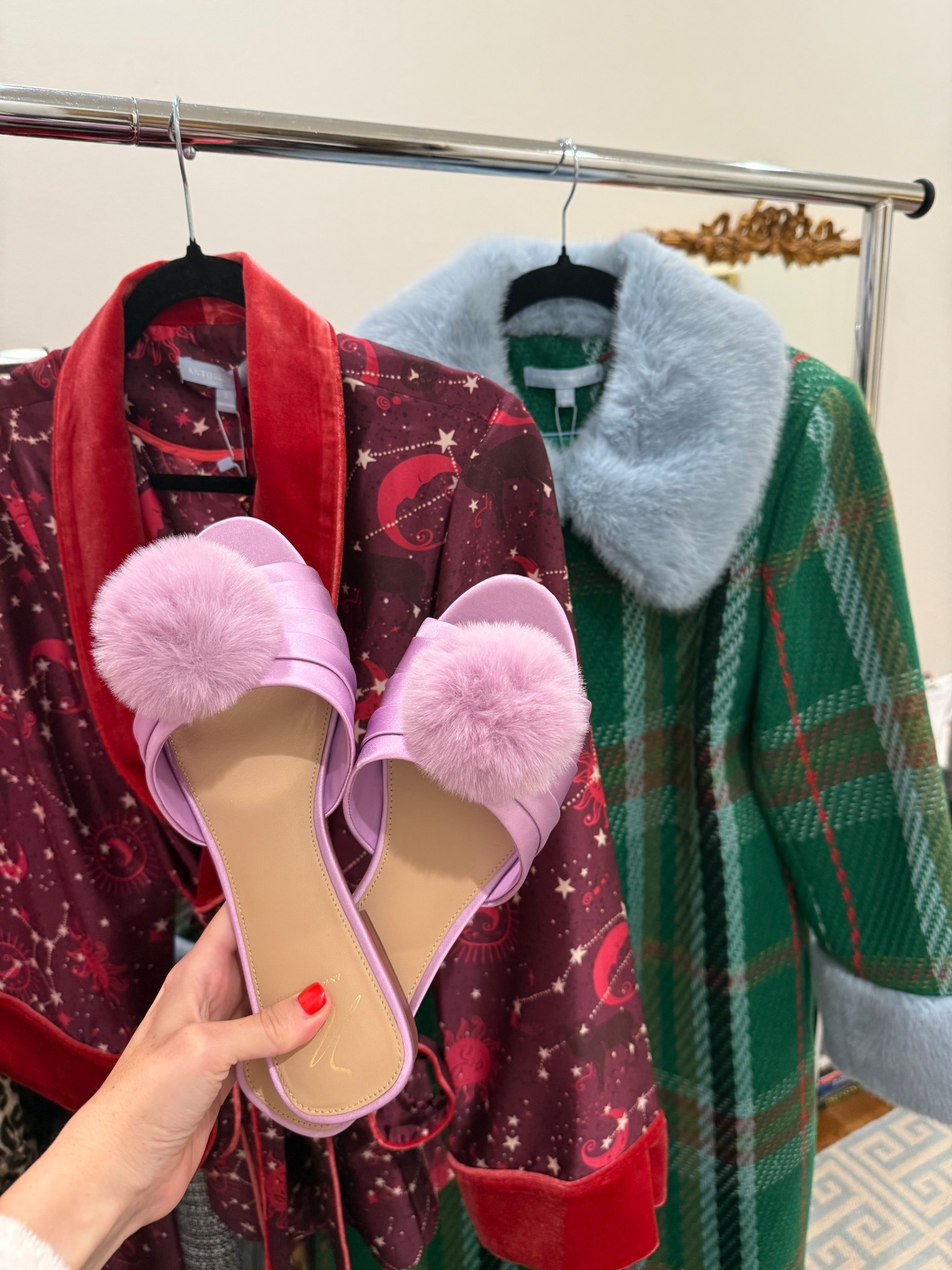 What I bought at the Nat Note x Dillards launch party! 🎀 In the coat & matching set I bought the size 6. Go down a half size in these faux fur Pom slides. 

#LTKHoliday #LTKOver40