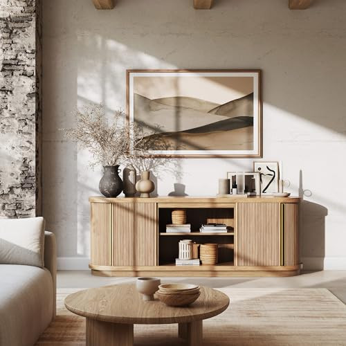 BELLEZE 67" Fluted TV Stand, Curved Entertainment Center with Sliding Tambour Doors, Media Console Table for TV up to 75" for Living Room (Camel) | Amazon (US)