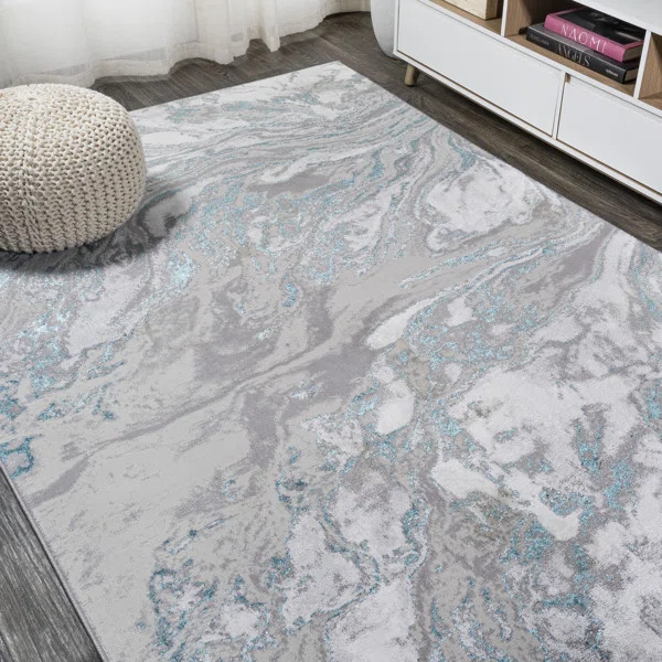 Swirl Marbled Abstract Gray/Turquoise Rug | Wayfair North America