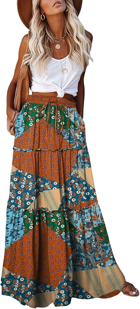 EARKOHA Womens Casual High Waist Tie Paisley Print Long Maxi Skirt with Pockets | Amazon (US)