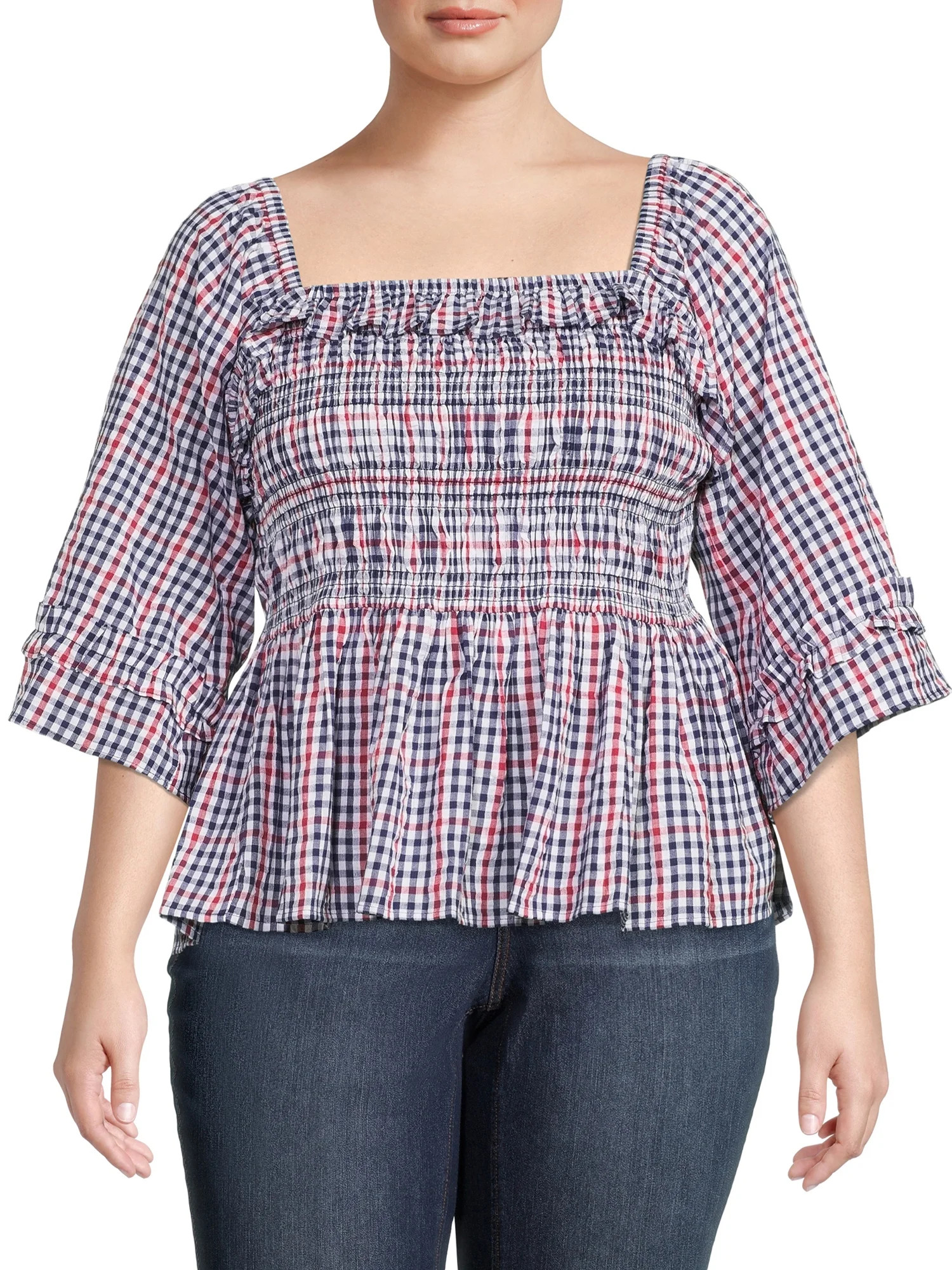 Romantic Gypsy Women's Plus Size Smocked Square Neck Top with 3/4-Length Sleeves | Walmart (US)