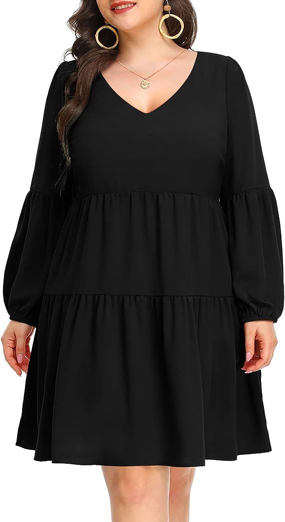 Pinup Fashion Women's Plus Size Summer Tunic Dress Long Sleeve V Neck Casual Shift Babydoll Loose... | Amazon (US)