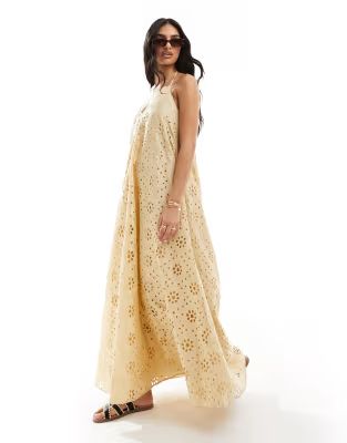 ASOS DESIGN premium broderie maxi dress in beige | ASOS | ASOS (Global)