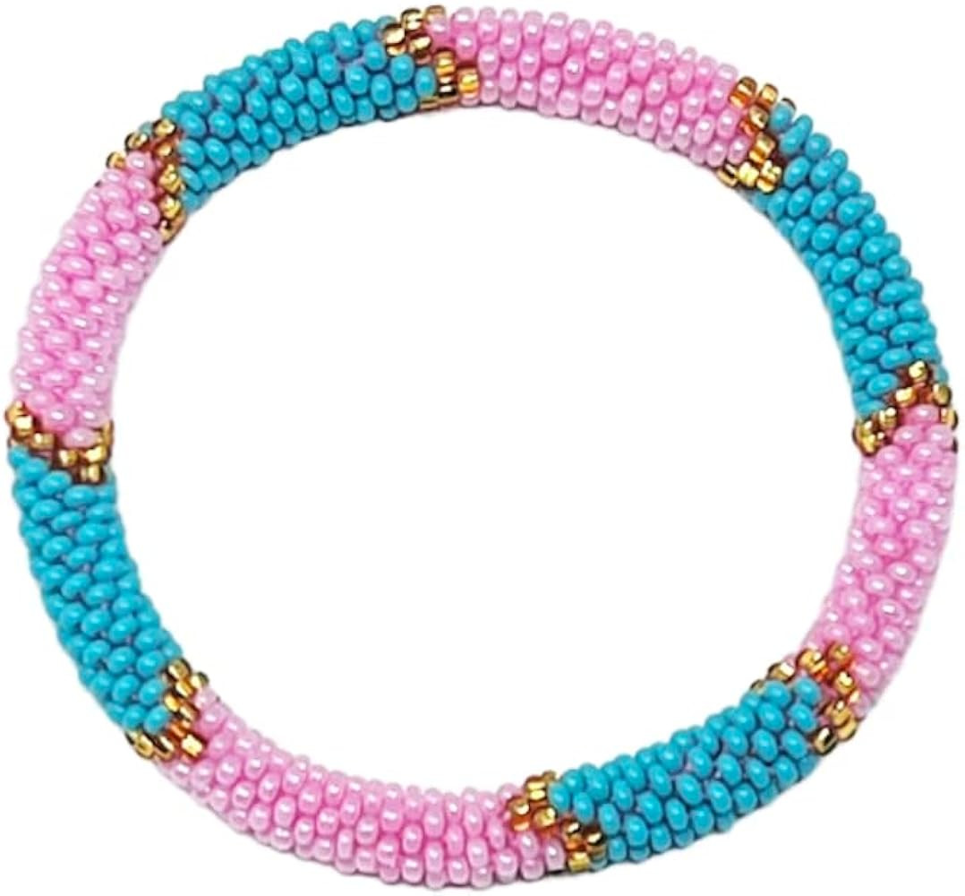 Crochet Glass Seed Bead Nepal Boho Bracelet - Pink | Amazon (US)