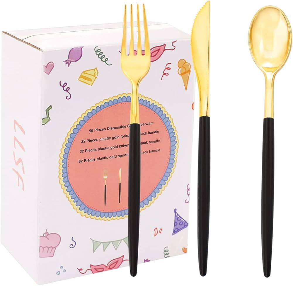LLSF 96 Pieces Gold Plastic Silverware, Gold Plastic Cutlery with Black Handle, Disposable Flatwa... | Amazon (US)