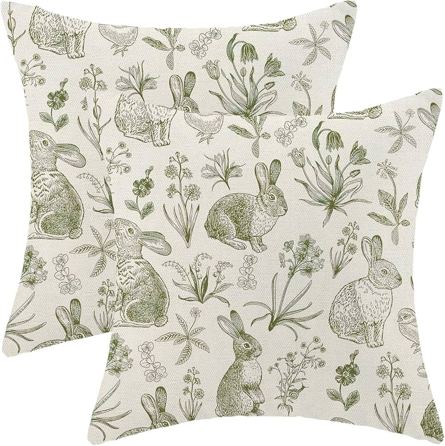 Sage Green Easter Pillow Covers 18x18 Inch Set of 2 Spring Easter Bunny Floral Throw Pillows Outd... | Amazon (US)