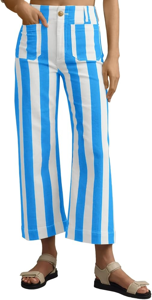 Tankaneo Womens Cropped Striped Jeans High Waisted Wide Leg Denim Pants | Amazon (US)