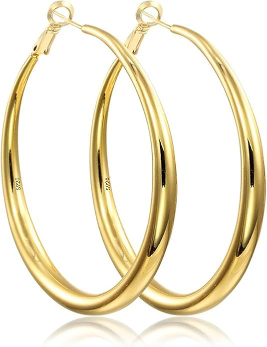 EXGOX Sterling Silver Hoop Earrings - Hypoallergenic, Lightweight, Chunky, 14K Real Gold Plated, ... | Amazon (US)