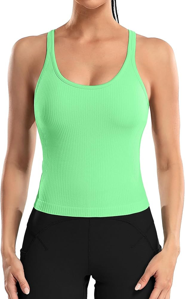 ATTRACO Women Ribbed Workout Crop Tops with Built in Bra Yoga Racerback Tank Top Tight Fit | Amazon (US)