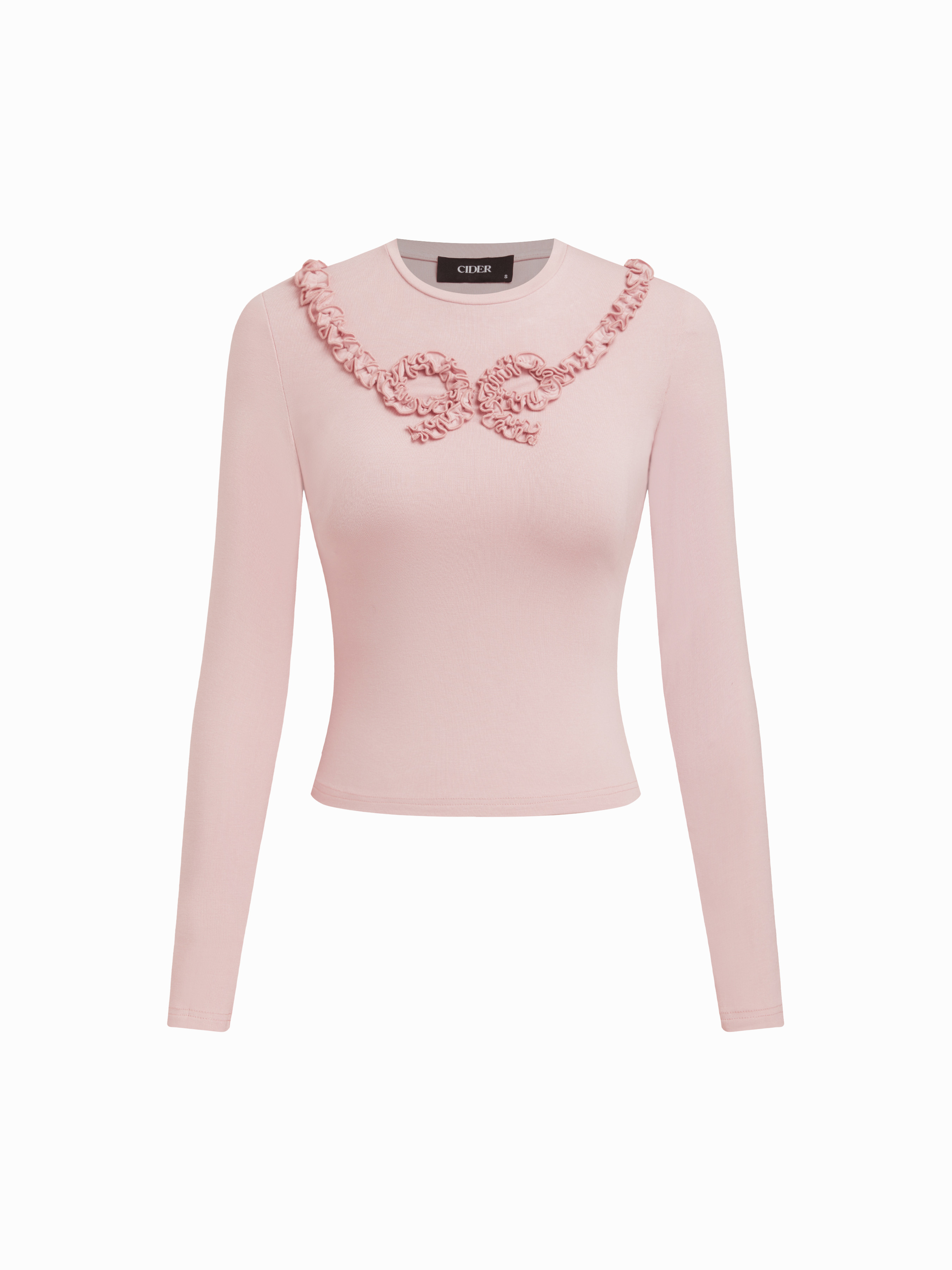 Tessuto in maglia Maglietta a maniche lunghe con scollo rotondo, orlo a lattuga e fiocco For Casu... | Cider