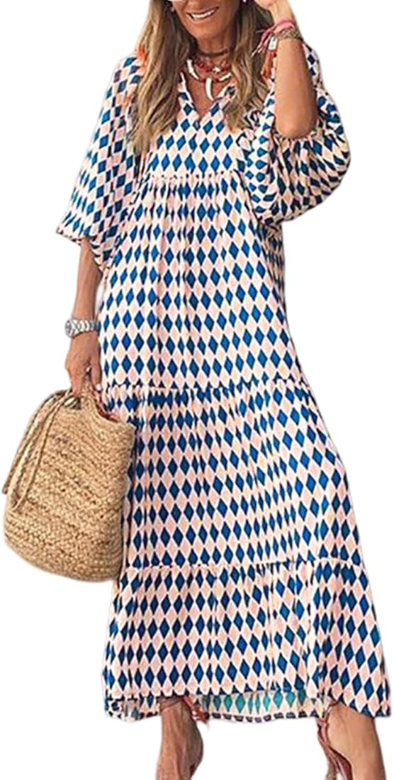 Dokotoo Women Boho Maxi Dresses 2023 V Neck Long Puff Sleeve Smocked Ruffle Flowy Casual Dress | Amazon (US)
