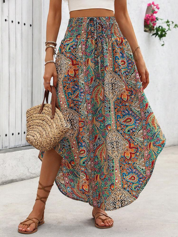 Breezaya Holiday Random Paisley Print Curved Hem Skirt Maxi Vacation Beach Outfits Women Fall Cloth For Women | SHEIN