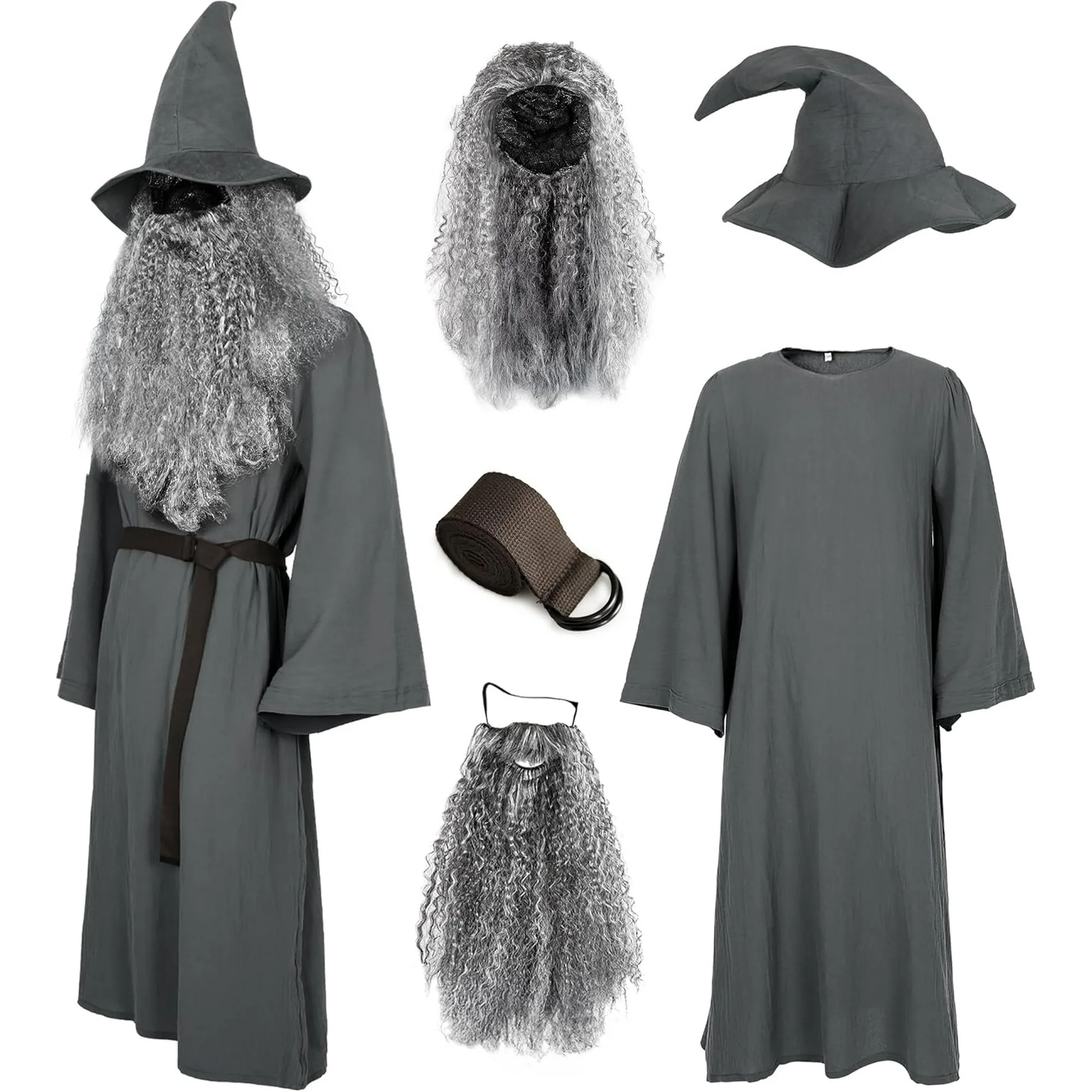 Deluxe 5 Pcs Wizard Costume for Adults Grey Wizard Robe with Wizards Hat, Belt, Wig & Beard Hallo... | Walmart (US)