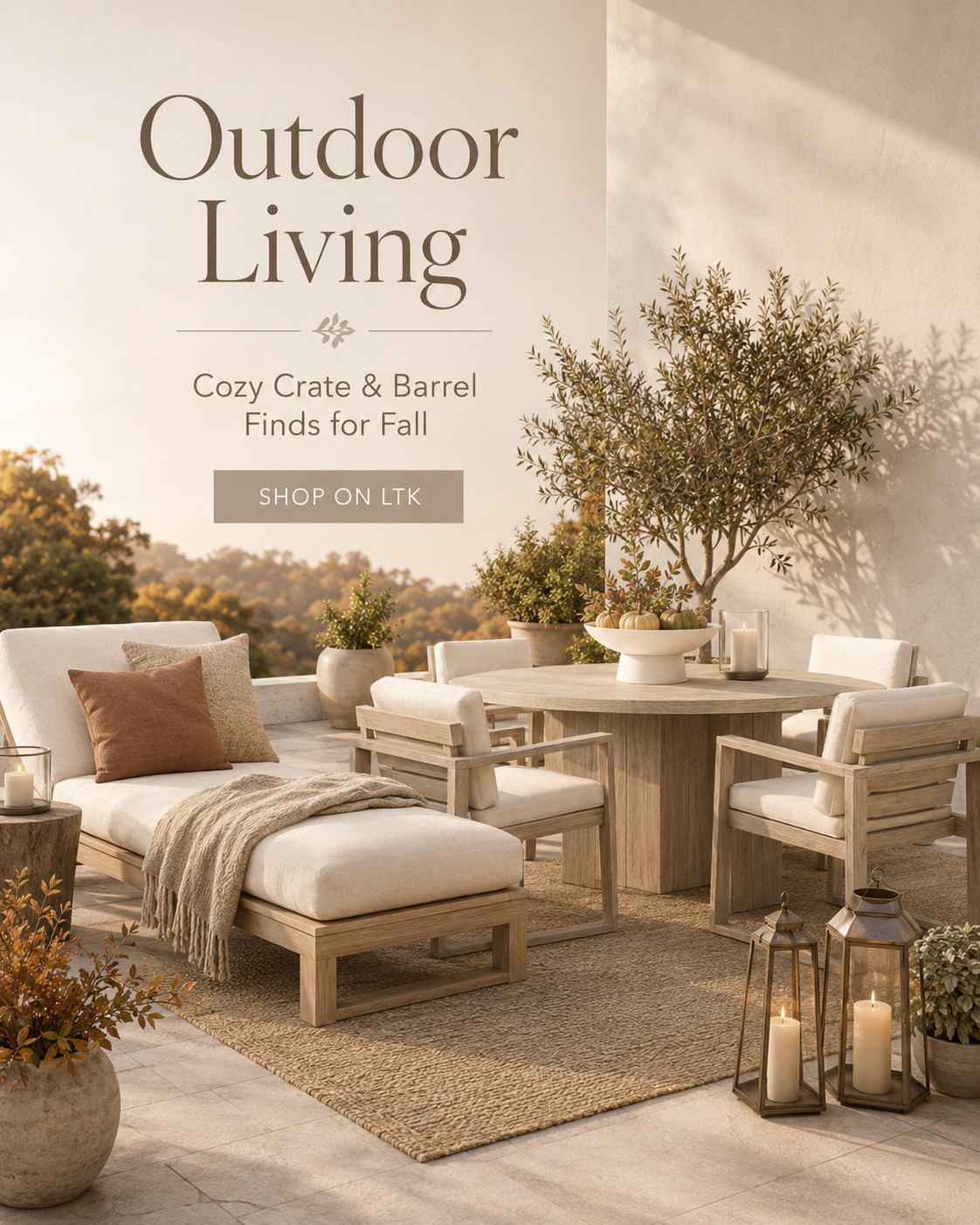 Fall starts outside, too. 🍂 I’m giving the patio one more season with cozy textures, warm neutrals, lanterns, layered seating, and outdoor dining pieces that make September evenings feel a little more special.

These Crate & Barrel finds are perfect for an end-of-summer outdoor reset that carries straight into fall entertaining.

Shop the look on my LTK. 🤎

#LTKHome #LTKSeasonal #CrateAndBarrel #OutdoorLiving #FallHome #FallDecor #PatioStyle #OutdoorEntertaining #CozyHome #SeptemberReset 

 #LTKSeasonal #LTKHome #LTKSaleAlert