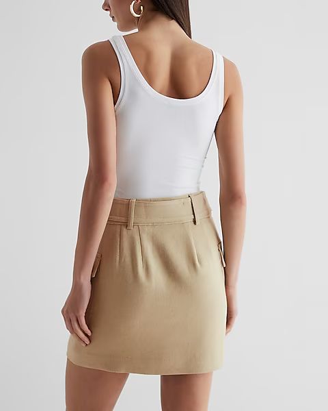 Super High Waisted Linen-Blend Belted Cargo Mini Skirt | Express