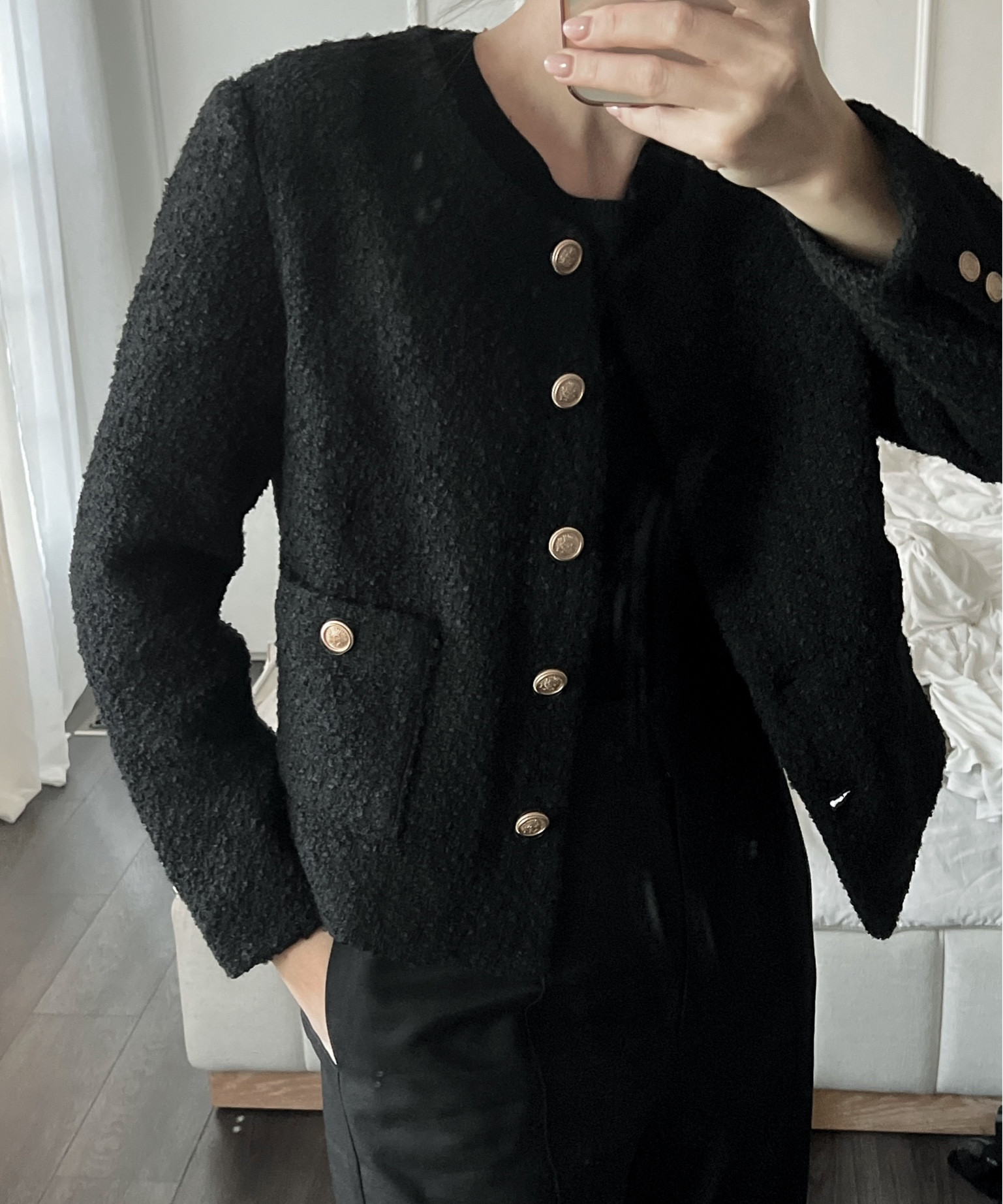 Hello Chanel Boucle vibes 😍🤌 closet staple. I should should consider cleaning this mirror before outfit selfies 😂

#LTKsalealert #LTKstyletip