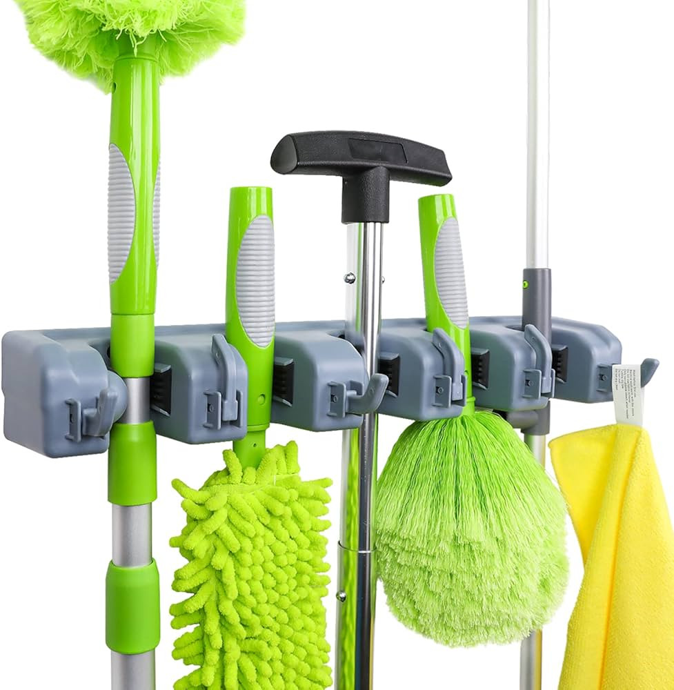 Amazon Basics Rectangular Wall Mount Broom Holder and Garden Tool Organizer, 6 Hook and 5 slot, G... | Amazon (US)
