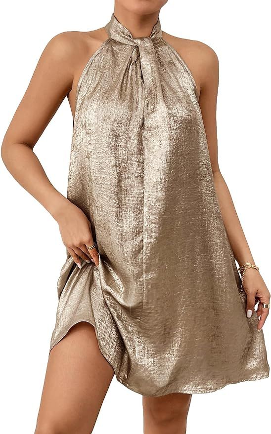 WDIRARA Women's Glitter Twist Front Halter Neck Sleeveless A Line Loose Casual Short Dress | Amazon (US)