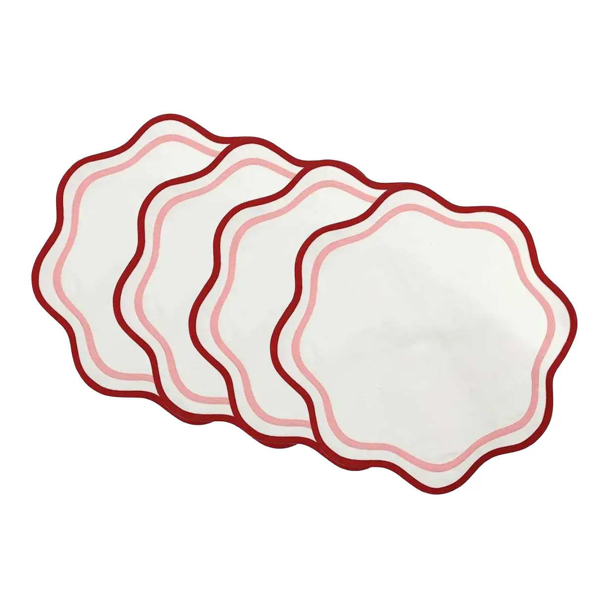 Handmade Round Scalloped Placemats with Double Piping, Red and Pink - Set of 4 | Chairish