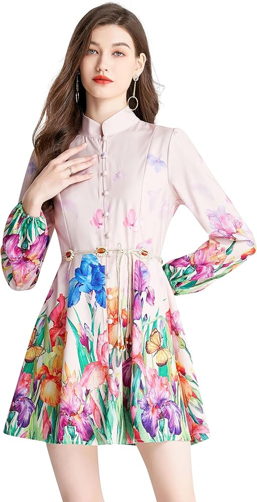 LAI MENG FIVE CATS Women's Floral Print Button up Shirt Dress Long Sleeve Casual Mini Dress | Amazon (US)